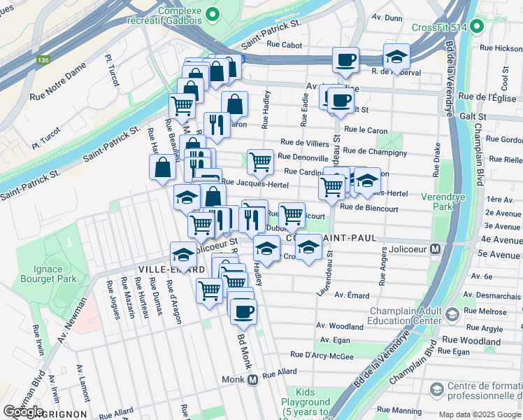 map of restaurants, bars, coffee shops, grocery stores, and more near 6004 Rue Hadley in Montréal