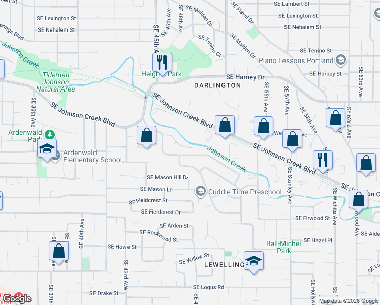 map of restaurants, bars, coffee shops, grocery stores, and more near 4825 Southeast Brookside Drive in Milwaukie