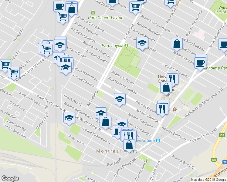 map of restaurants, bars, coffee shops, grocery stores, and more near 4906 Avenue Westmore in Montréal