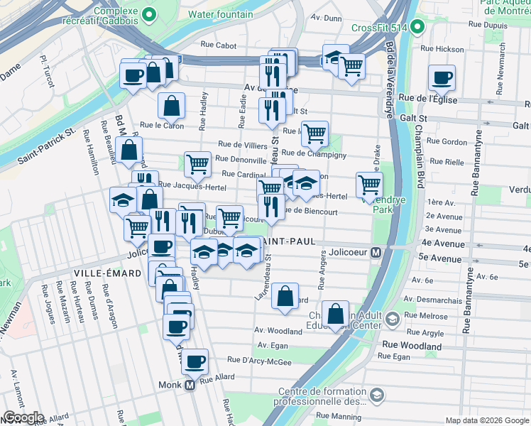 map of restaurants, bars, coffee shops, grocery stores, and more near 5991 Rue Laurendeau in Montréal
