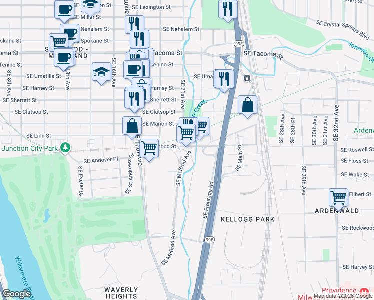 map of restaurants, bars, coffee shops, grocery stores, and more near 2105 Southeast Ochoco Street in Portland