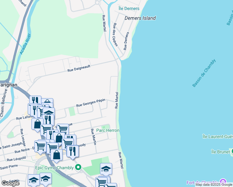 map of restaurants, bars, coffee shops, grocery stores, and more near 530 Rue Martel in Chambly