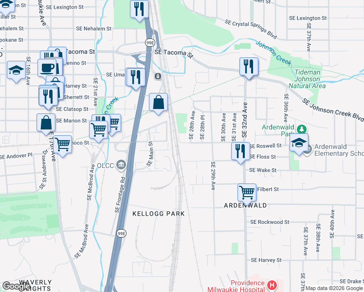 map of restaurants, bars, coffee shops, grocery stores, and more near 2716 Southeast Roswell Street in Milwaukie