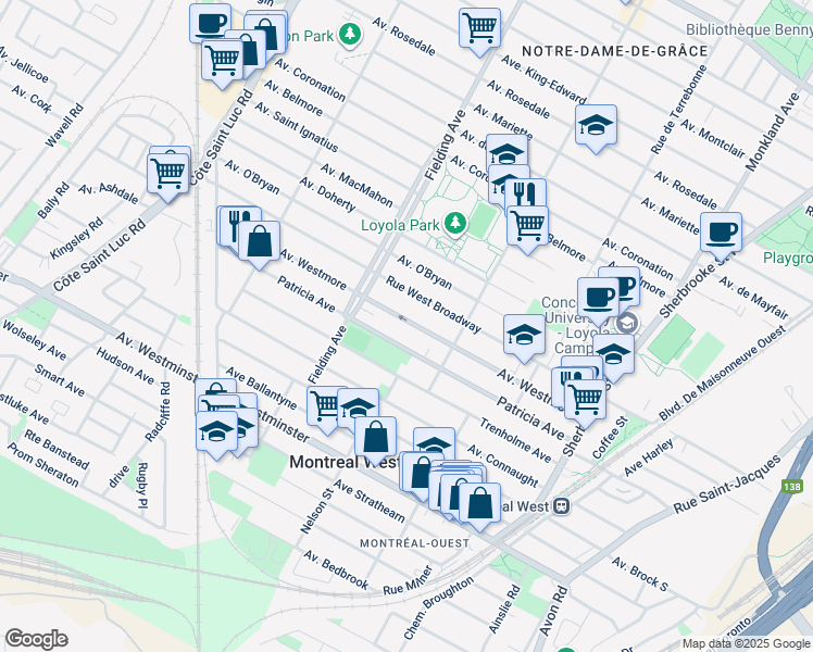 map of restaurants, bars, coffee shops, grocery stores, and more near 4904 Westmore Avenue in Montreal
