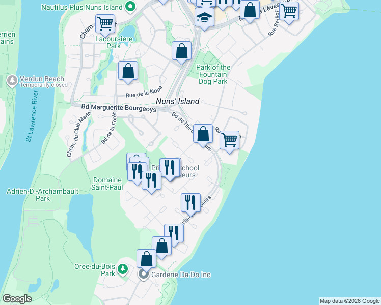 map of restaurants, bars, coffee shops, grocery stores, and more near 310 Rue Berlioz in Montréal