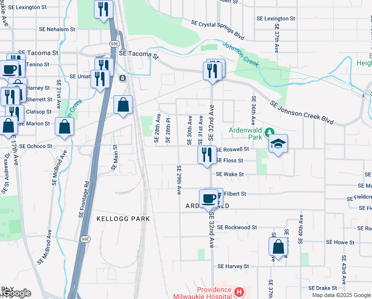map of restaurants, bars, coffee shops, grocery stores, and more near 8826 Southeast 29th Avenue in Milwaukie