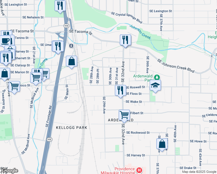 map of restaurants, bars, coffee shops, grocery stores, and more near 8826 Southeast 29th Avenue in Milwaukie