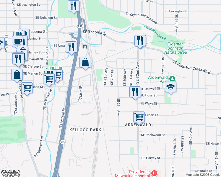 map of restaurants, bars, coffee shops, grocery stores, and more near 8835 Southeast 28th Place in Milwaukie