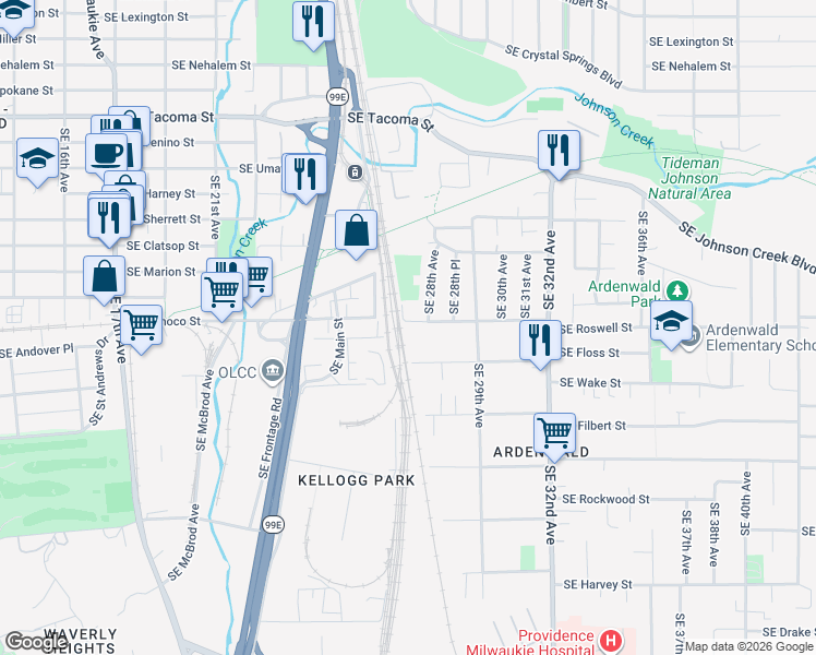 map of restaurants, bars, coffee shops, grocery stores, and more near 2716 Southeast Roswell Street in Milwaukie