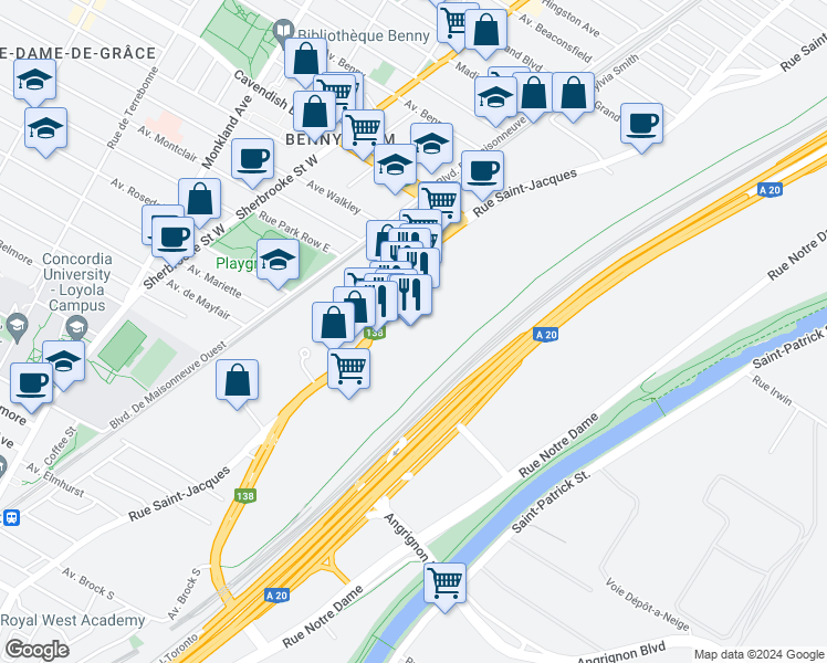 map of restaurants, bars, coffee shops, grocery stores, and more near 6710 Rue Saint-Jacques in Montréal