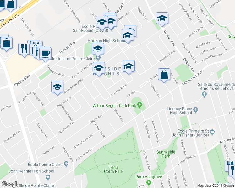 map of restaurants, bars, coffee shops, grocery stores, and more near 168 Avenue Braebrook in Pointe-Claire