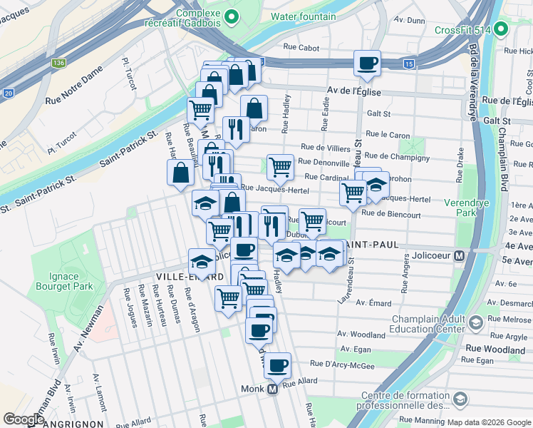 map of restaurants, bars, coffee shops, grocery stores, and more near 2141 Rue de Maricourt in Montréal