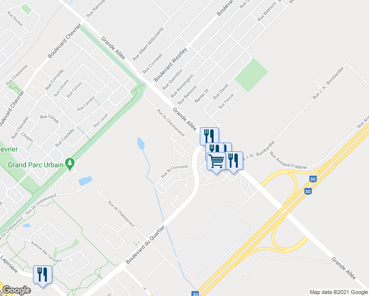 map of restaurants, bars, coffee shops, grocery stores, and more near 7397 Rue du Chardonneret in Brossard