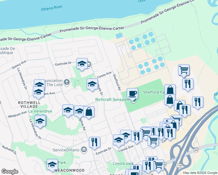map of restaurants, bars, coffee shops, grocery stores, and more near 737 Stiles Crescent in Ottawa