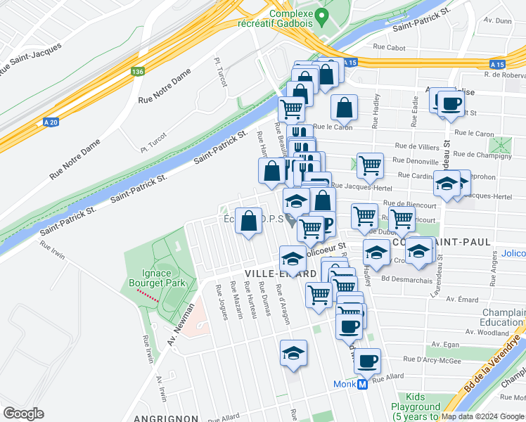 map of restaurants, bars, coffee shops, grocery stores, and more near 5954 Rue d'Aragon in Montréal