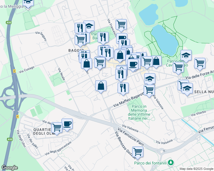 map of restaurants, bars, coffee shops, grocery stores, and more near 46 Via Bartolomeo Cabella in Città metropolitana di Milano