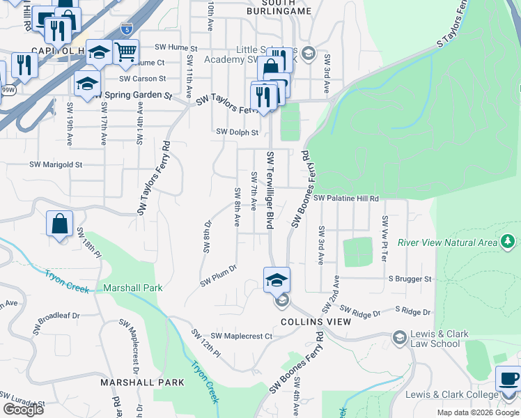 map of restaurants, bars, coffee shops, grocery stores, and more near 9139 Southwest Terwilliger Boulevard in Portland