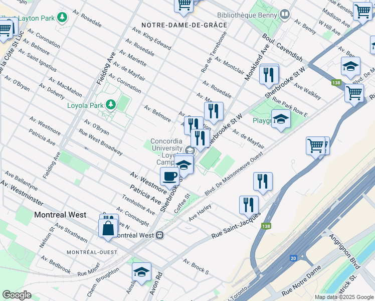 map of restaurants, bars, coffee shops, grocery stores, and more near 7141 Sherbrooke Street West in Montreal