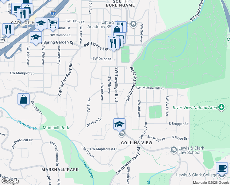 map of restaurants, bars, coffee shops, grocery stores, and more near 608 Southwest Orchid Street in Portland