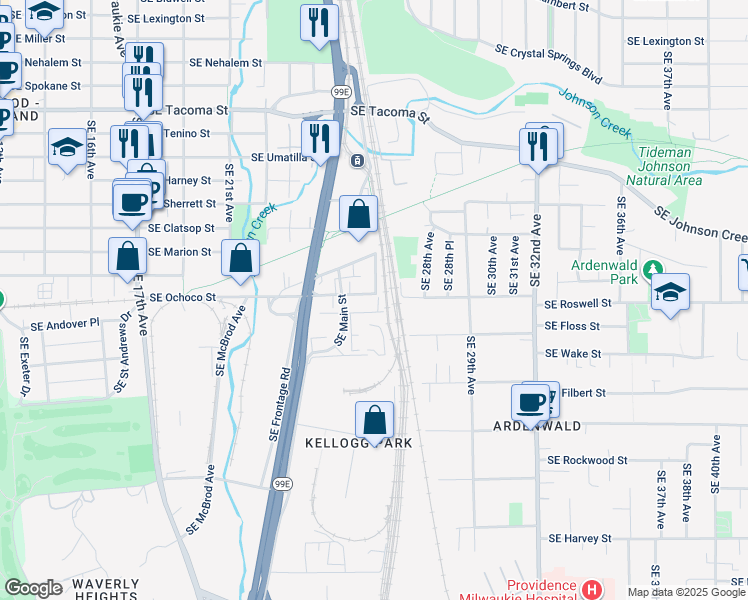 map of restaurants, bars, coffee shops, grocery stores, and more near 2479 Southeast Ochoco Street in Milwaukie