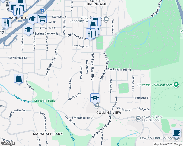 map of restaurants, bars, coffee shops, grocery stores, and more near 9139 Southwest Terwilliger Boulevard in Portland