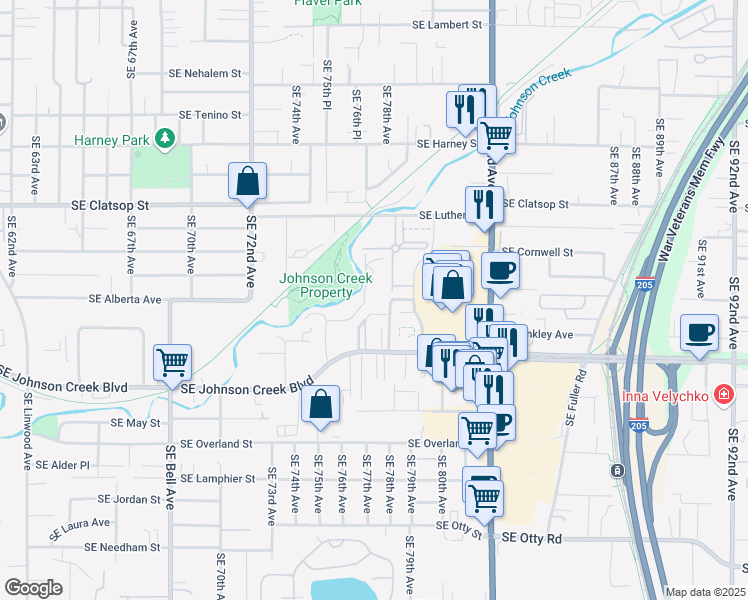 map of restaurants, bars, coffee shops, grocery stores, and more near 8850 Southeast 76th Avenue in Portland