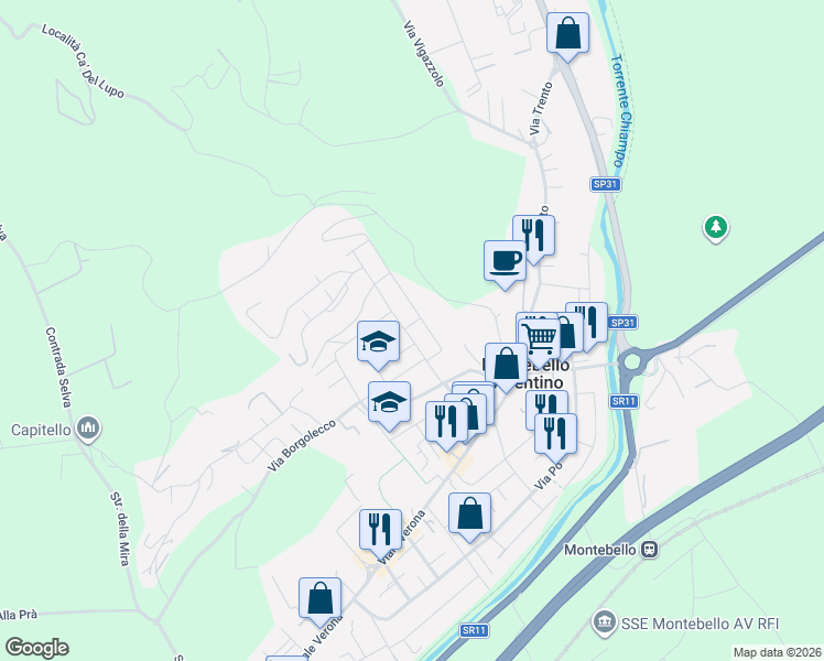 map of restaurants, bars, coffee shops, grocery stores, and more near 20 Via Manzoni in Montebello Vicentino