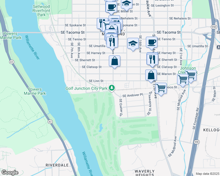 map of restaurants, bars, coffee shops, grocery stores, and more near 8867 Southeast 13th Avenue in Portland