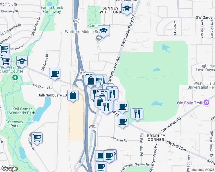 map of restaurants, bars, coffee shops, grocery stores, and more near 8480 Southwest Scholls Ferry Road in Beaverton