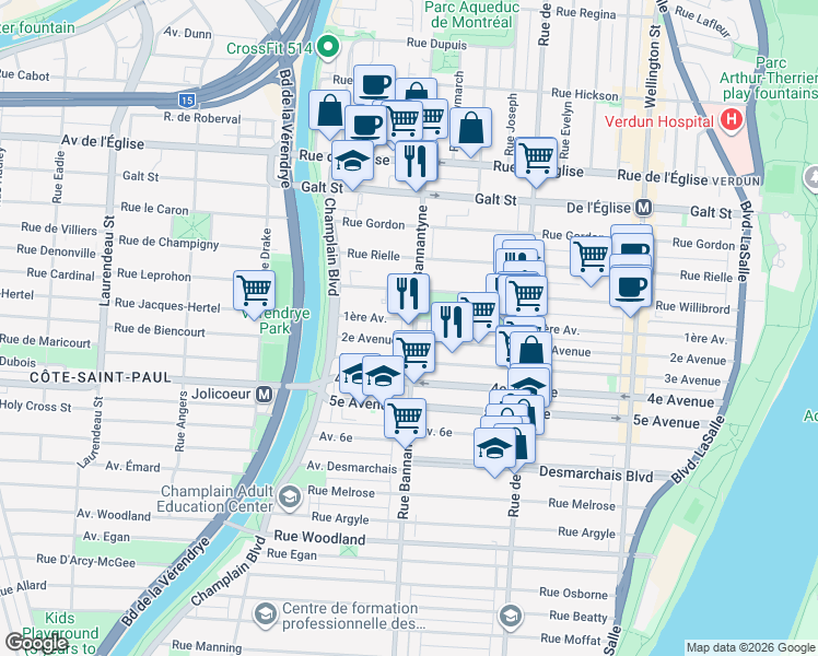 map of restaurants, bars, coffee shops, grocery stores, and more near 4607 Avenue Bannantyne in Montréal