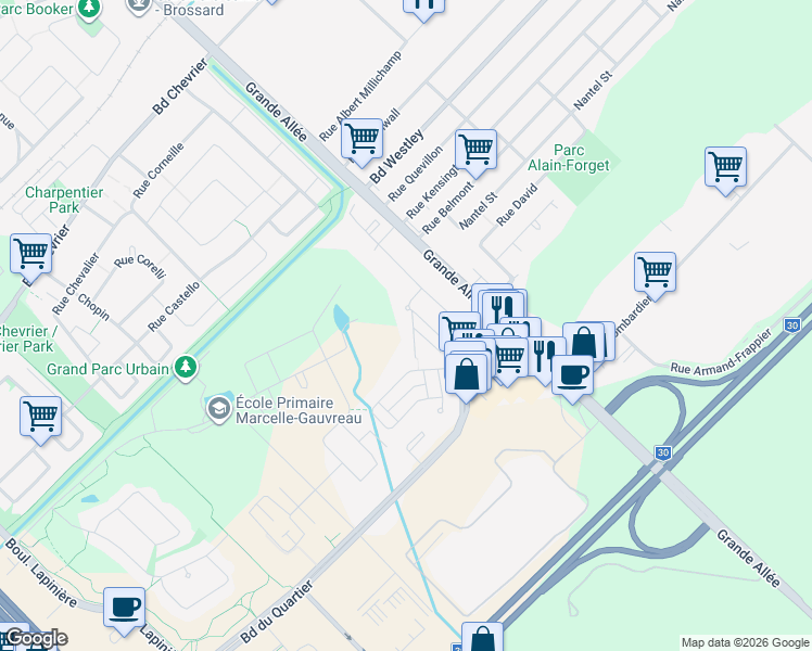 map of restaurants, bars, coffee shops, grocery stores, and more near 5645 Rue du Condor in Brossard