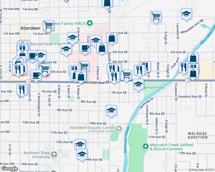 map of restaurants, bars, coffee shops, grocery stores, and more near 826 6th Avenue Southeast in Aberdeen
