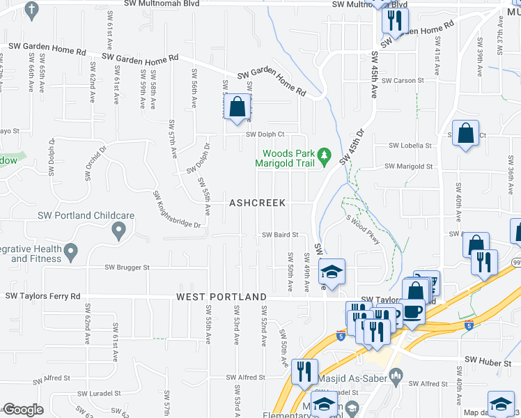 map of restaurants, bars, coffee shops, grocery stores, and more near 9240 Southwest 52nd Avenue in Portland