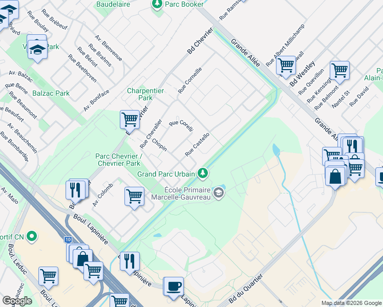 map of restaurants, bars, coffee shops, grocery stores, and more near 6220 Rue Cavalieri in Brossard