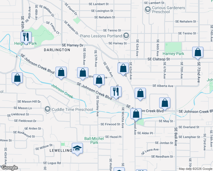 map of restaurants, bars, coffee shops, grocery stores, and more near 5812 Southeast Westfork Avenue in Portland
