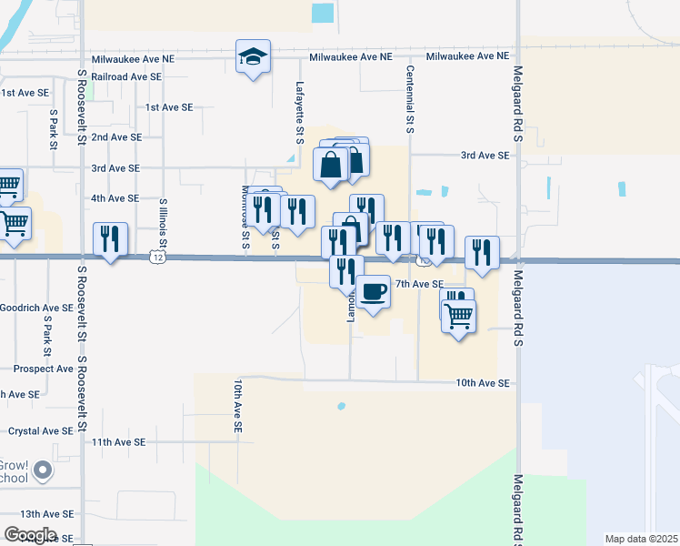 map of restaurants, bars, coffee shops, grocery stores, and more near 3307 7th Avenue Southeast in Aberdeen