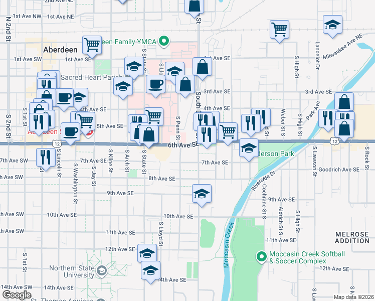 map of restaurants, bars, coffee shops, grocery stores, and more near 826 6th Avenue Southeast in Aberdeen