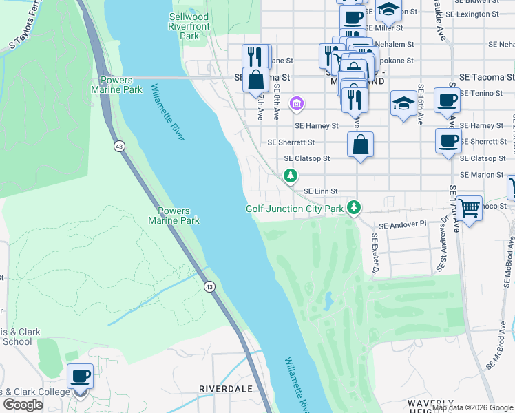 map of restaurants, bars, coffee shops, grocery stores, and more near 790 Southeast Webber Street in Portland