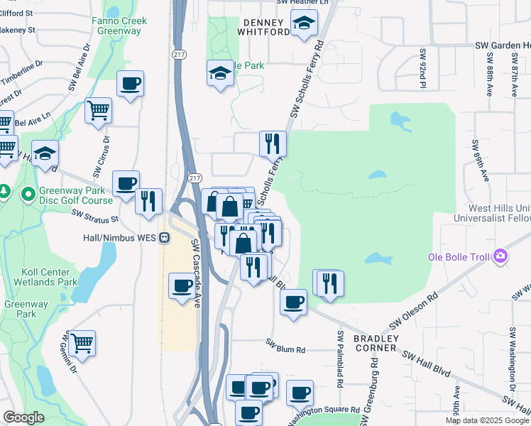 map of restaurants, bars, coffee shops, grocery stores, and more near 8480 Southwest Scholls Ferry Road in Beaverton