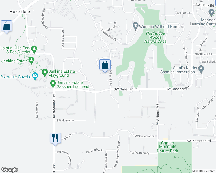 map of restaurants, bars, coffee shops, grocery stores, and more near 8485 Southwest Miller Hill Road in Beaverton