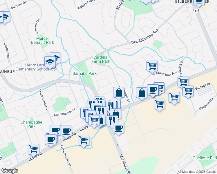 map of restaurants, bars, coffee shops, grocery stores, and more near 1924 Leclair Crescent in Ottawa
