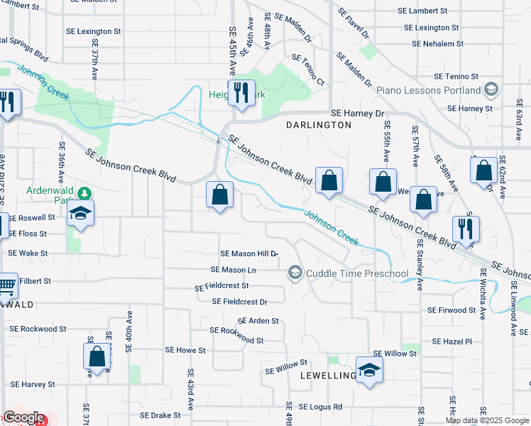 map of restaurants, bars, coffee shops, grocery stores, and more near 4647 Southeast Brookside Drive in Portland