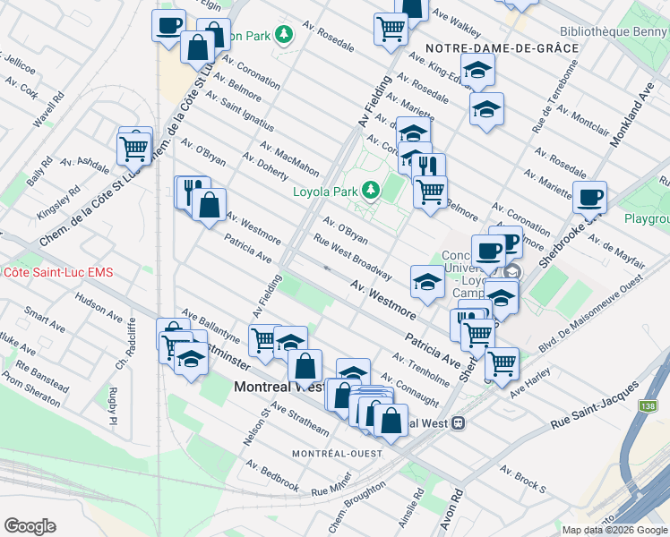 map of restaurants, bars, coffee shops, grocery stores, and more near 4885 Avenue Westmore in Montréal