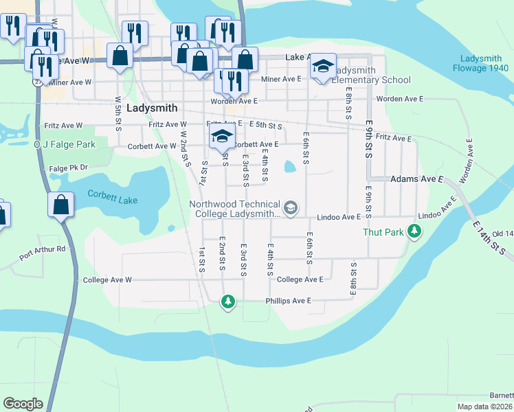 map of restaurants, bars, coffee shops, grocery stores, and more near 609 East 3rd Street South in Ladysmith