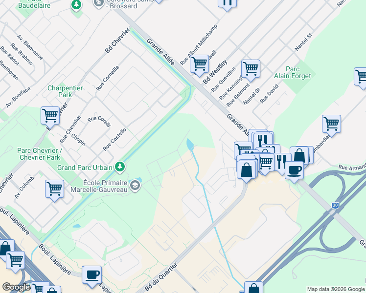 map of restaurants, bars, coffee shops, grocery stores, and more near 1675 Rue Cloutier in Brossard
