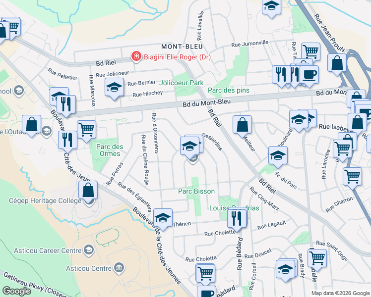 map of restaurants, bars, coffee shops, grocery stores, and more near 57 Rue Boucher in Gatineau