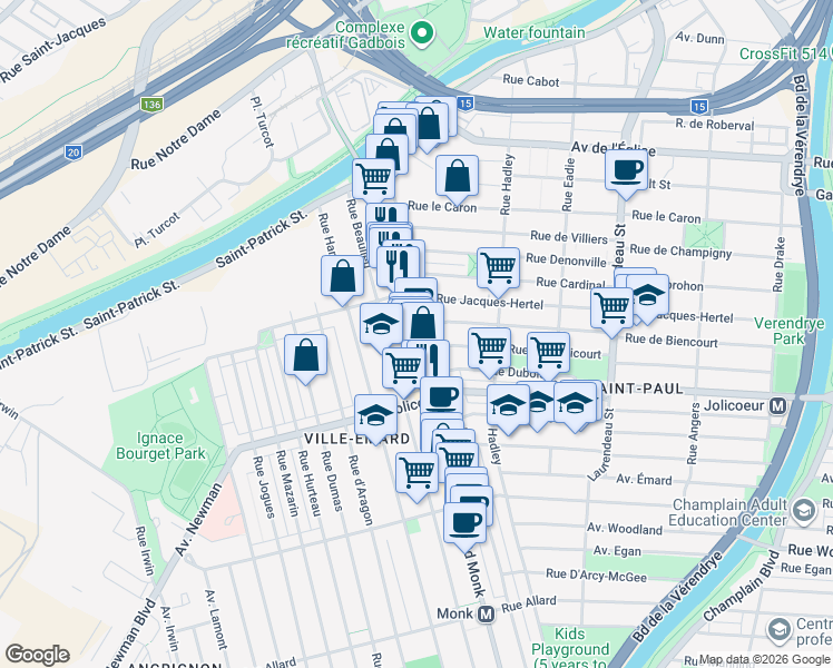 map of restaurants, bars, coffee shops, grocery stores, and more near 2390 Rue de Biencourt in Montréal
