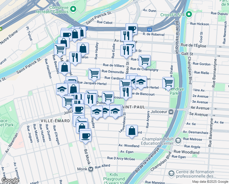 map of restaurants, bars, coffee shops, grocery stores, and more near 1878 Rue de Biencourt in Montréal