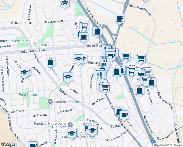 map of restaurants, bars, coffee shops, grocery stores, and more near 29 Rue Laroche in Gatineau