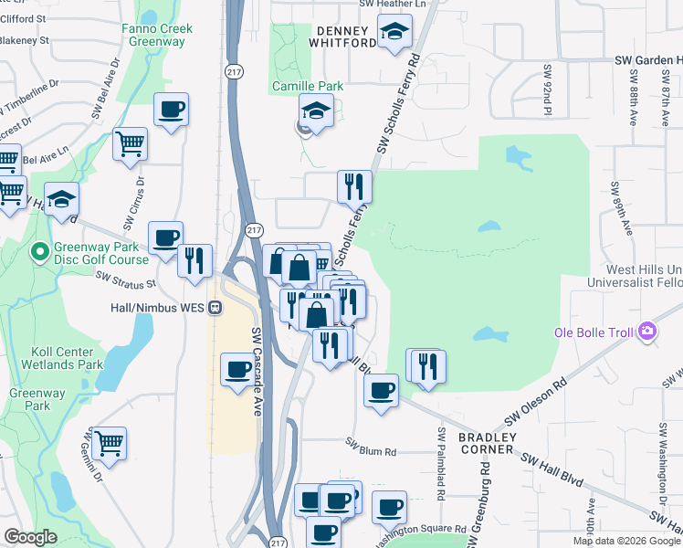 map of restaurants, bars, coffee shops, grocery stores, and more near 8480 Oregon 210 in Beaverton